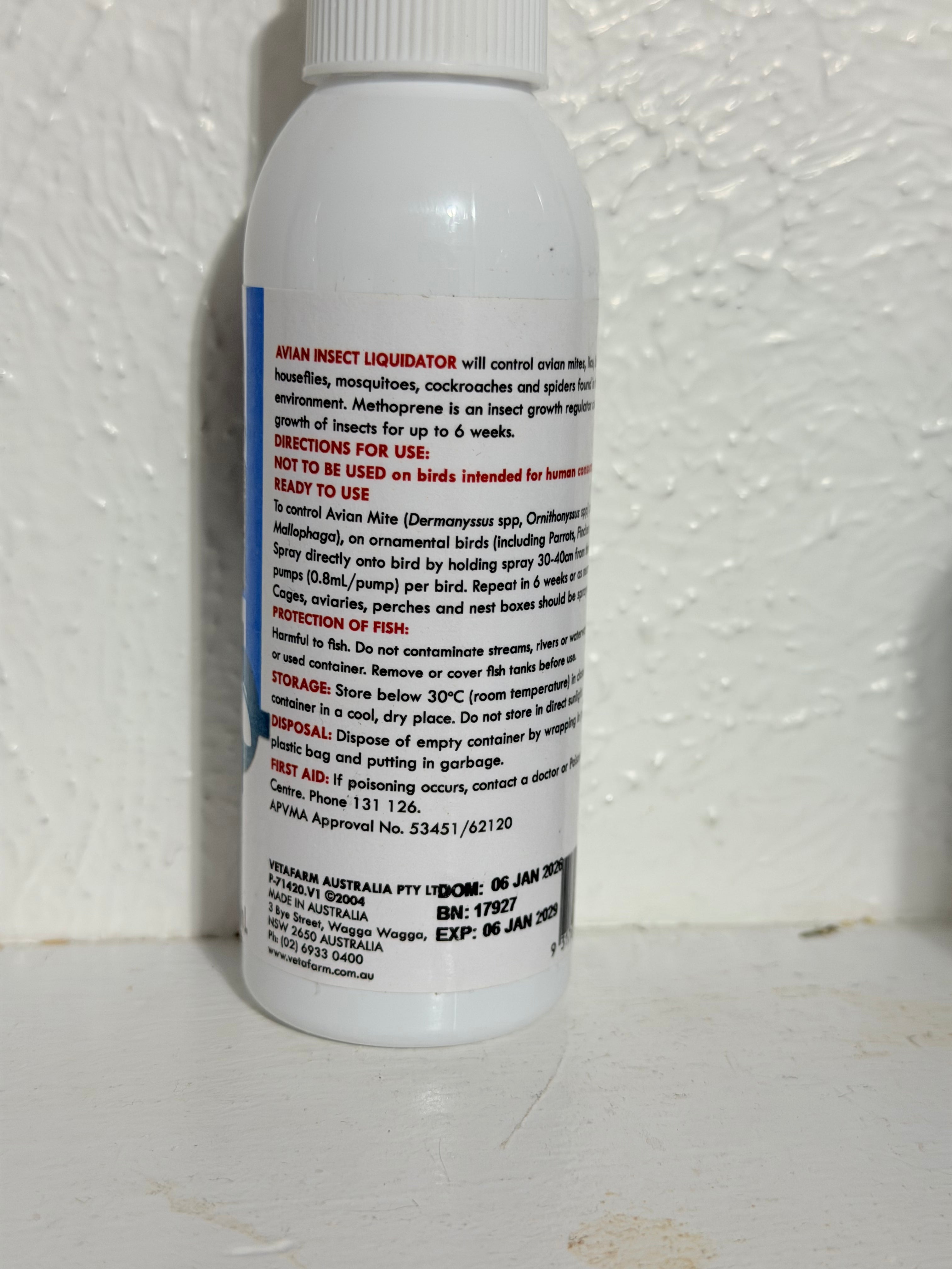 Avian isenct liquidator - liquido para matar acaros en palomas canarios finches